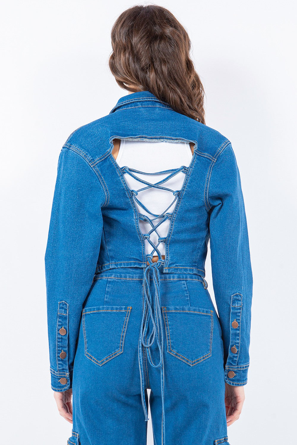 Bazi Laced Back Cropped Denim Jacket.