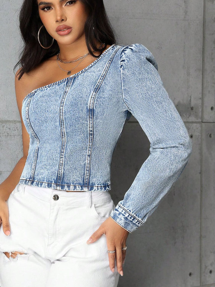 One Shoulder Long Sleeve Denim Top