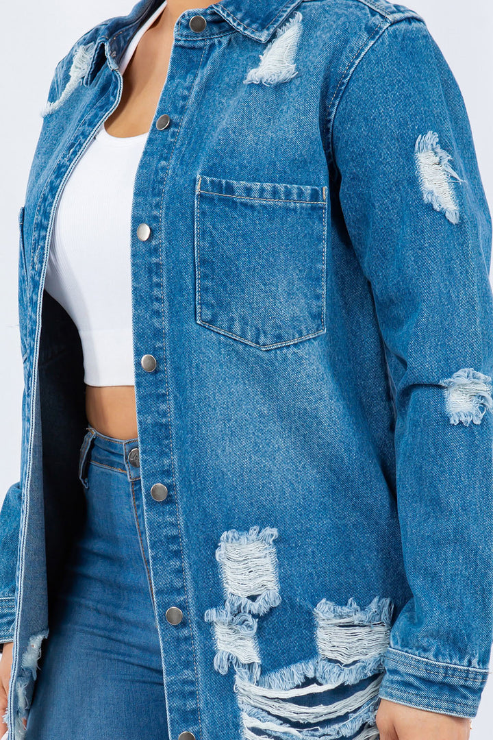 Ash Distressed Button Up Long Sleeve Denim Jacket