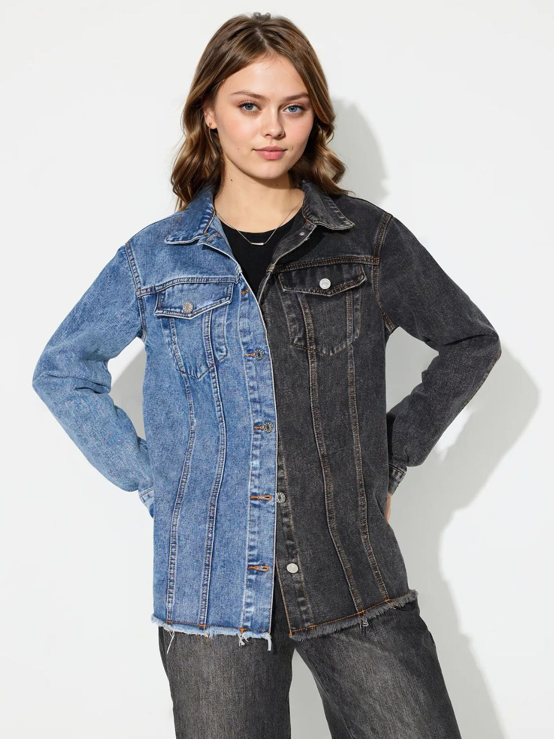 Raw Hem Contrast Collared Neck Denim Top