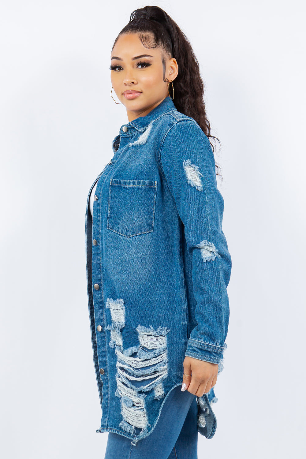 Ash Distressed Button Up Long Sleeve Denim Jacket