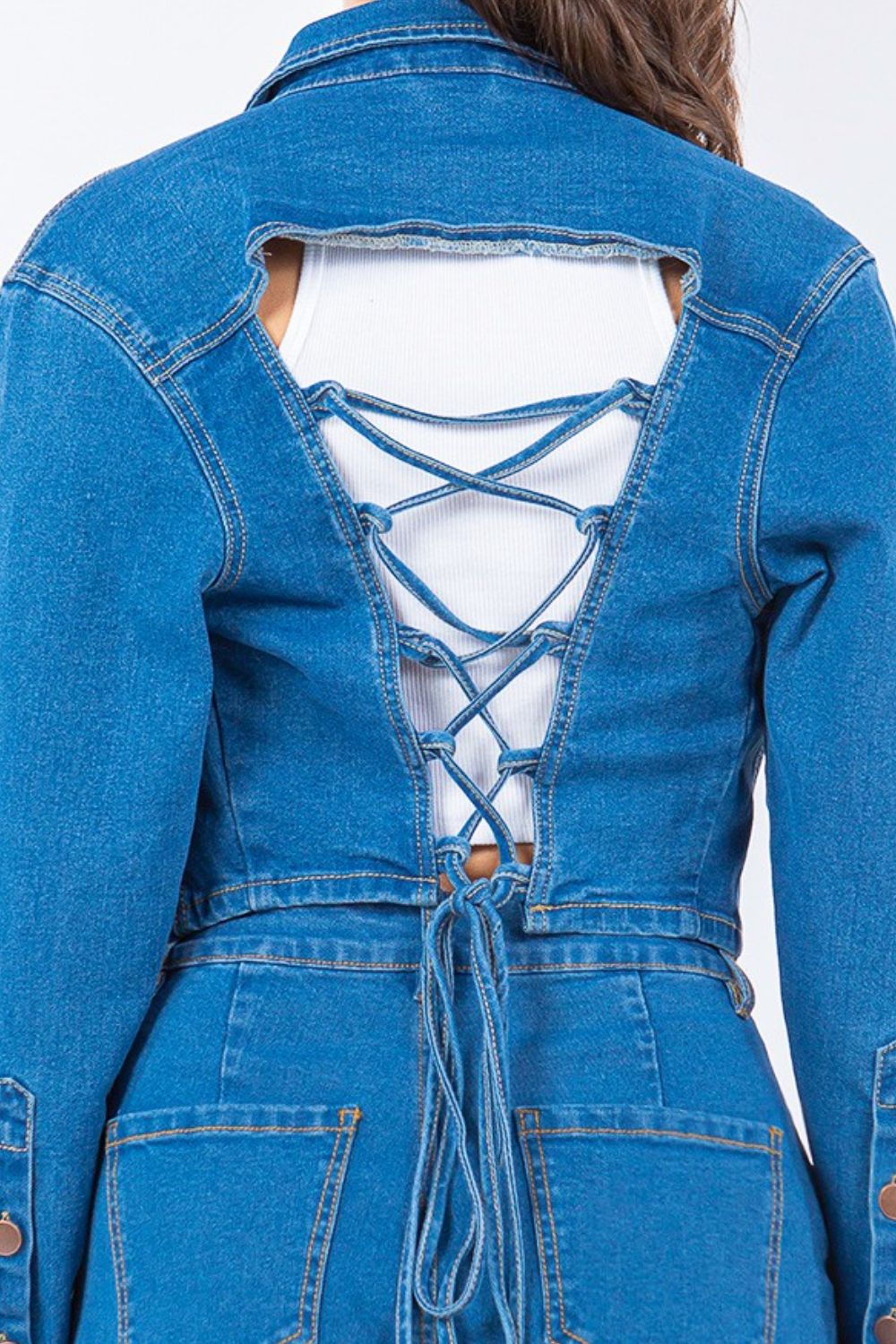 Bazi Laced Back Cropped Denim Jacket.