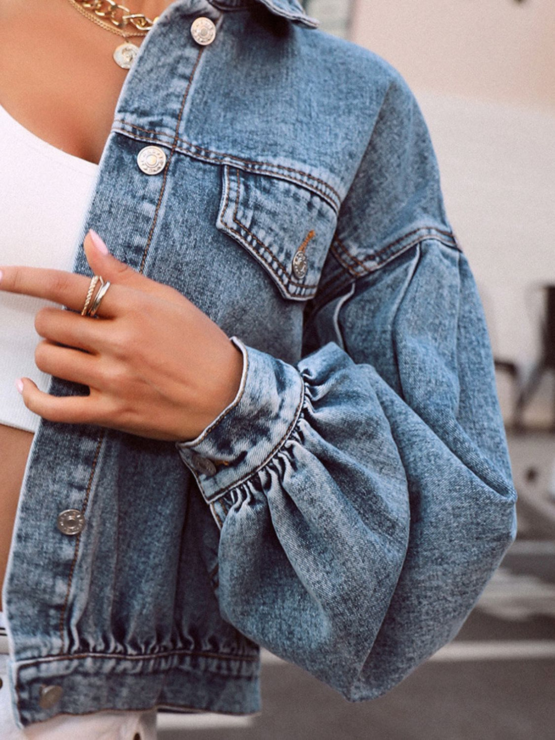 Collared Neck Dropped Shoulder Denim Top.