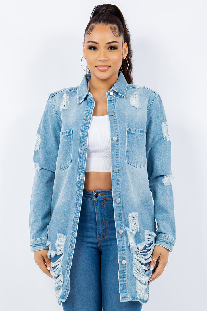 Sky blue Distressed Button Up Long Sleeve Denim Jacket