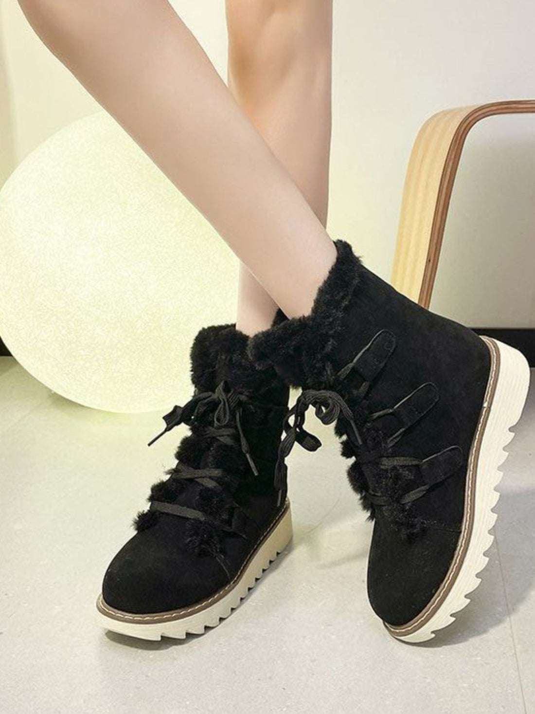 Faux Fur Lace Up Round Toe Boots