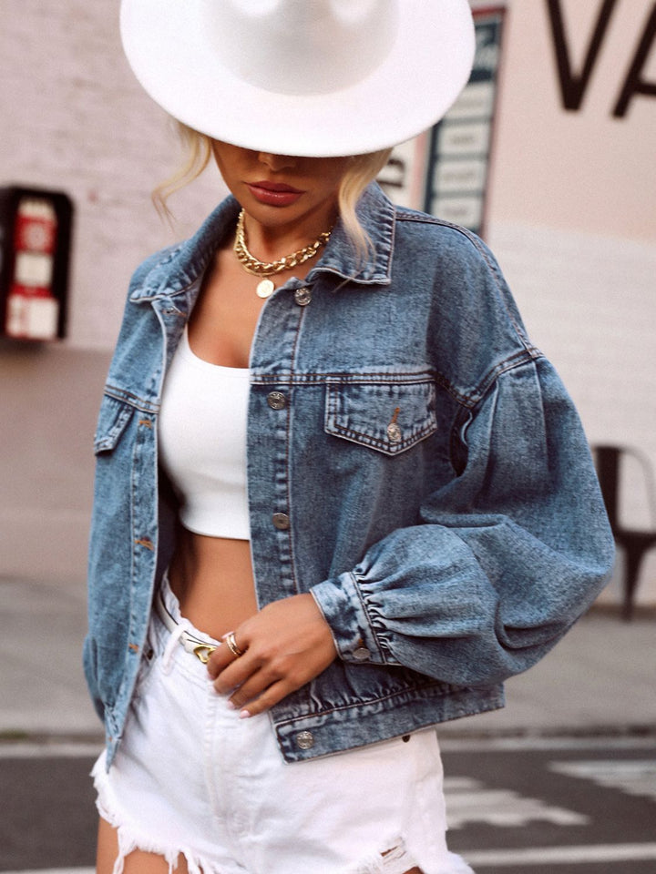 Collared Neck Dropped Shoulder Denim Top.