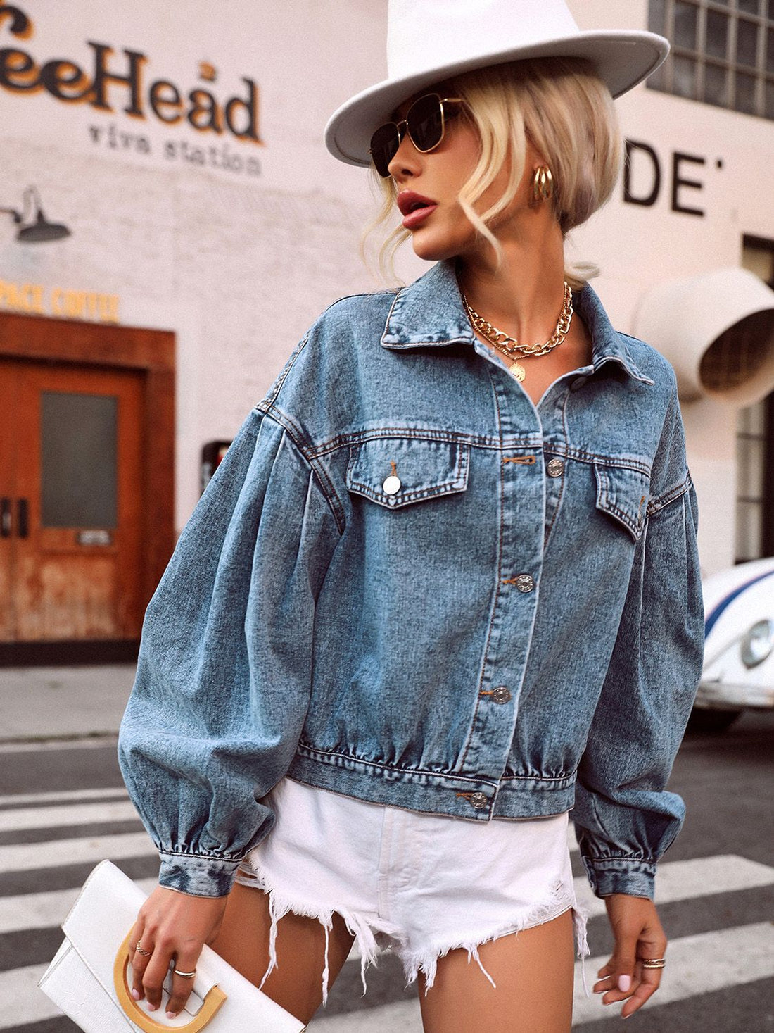 Collared Neck Dropped Shoulder Denim Top.