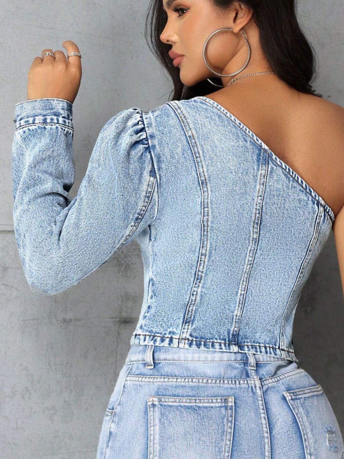 One Shoulder Long Sleeve Denim Top