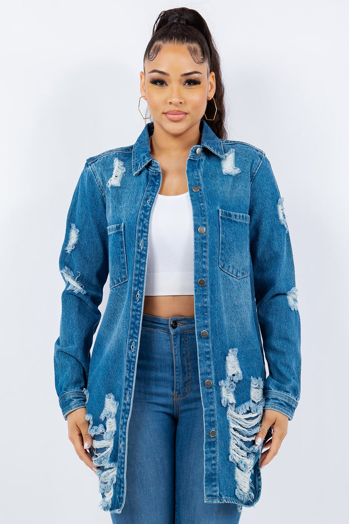 Ash Distressed Button Up Long Sleeve Denim Jacket