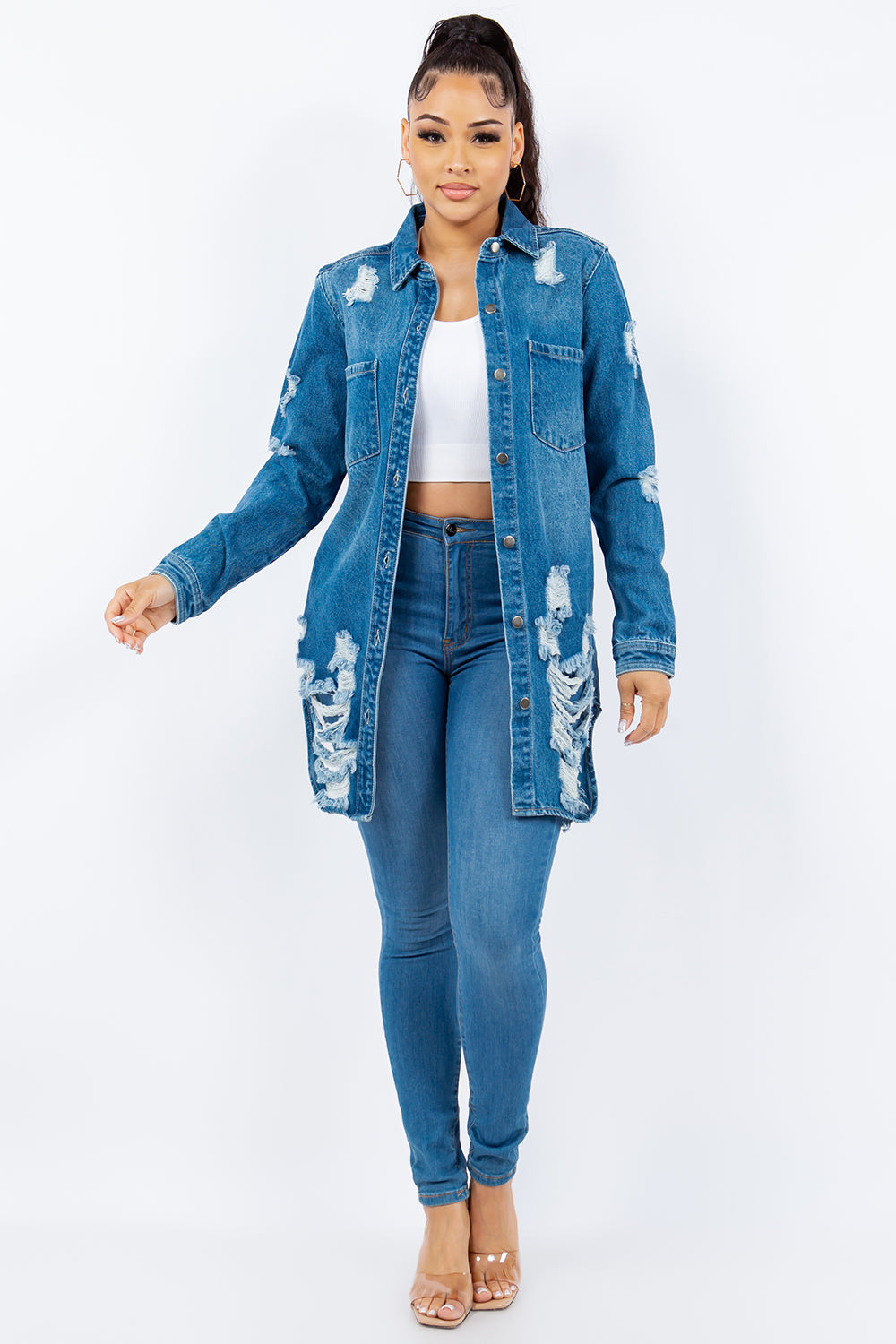 Ash Distressed Button Up Long Sleeve Denim Jacket