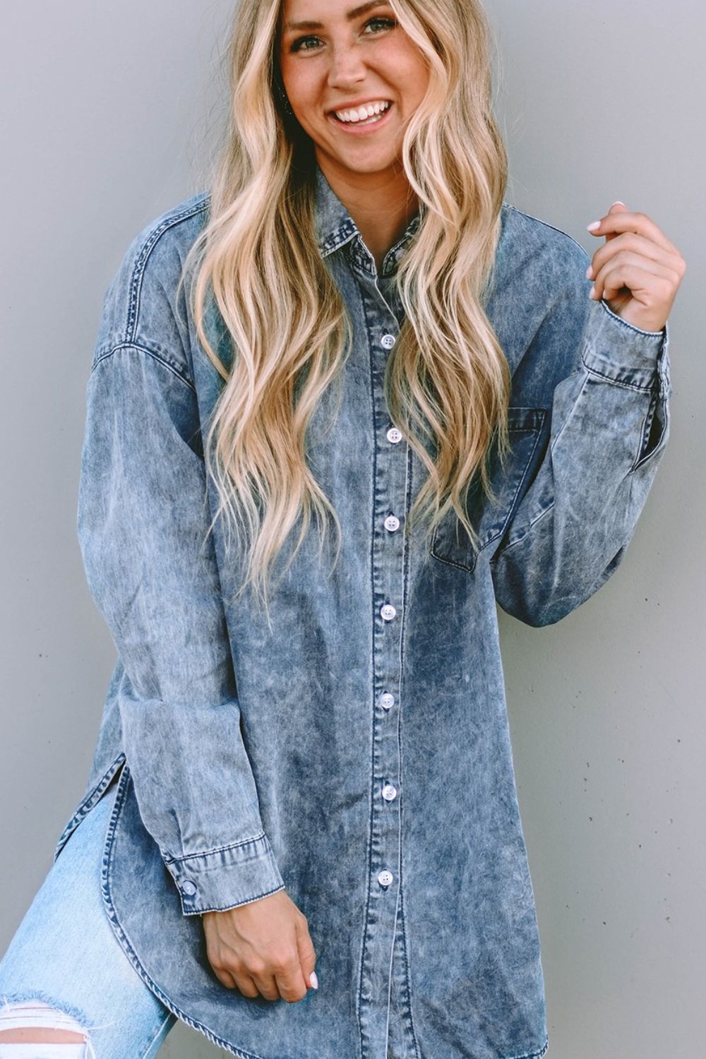 Button Up Dropped Shoulder Denim Top