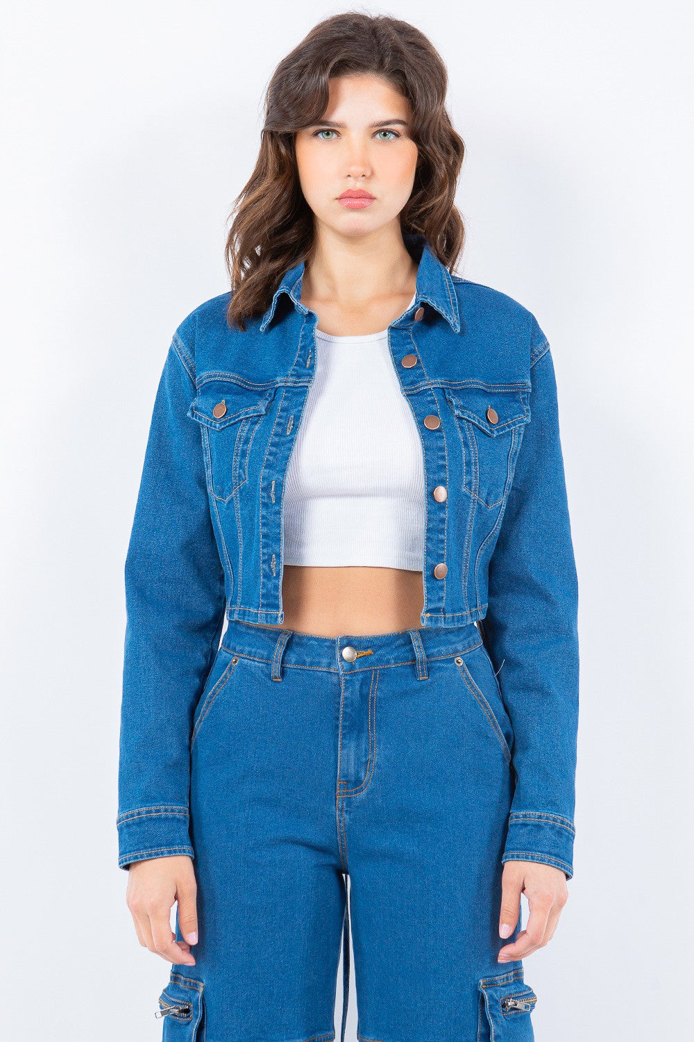 Bazi Laced Back Cropped Denim Jacket.